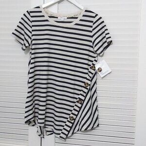 89th & Madison Top Linen Short Sleeve Black White Striped Tee Womens Small NEW
